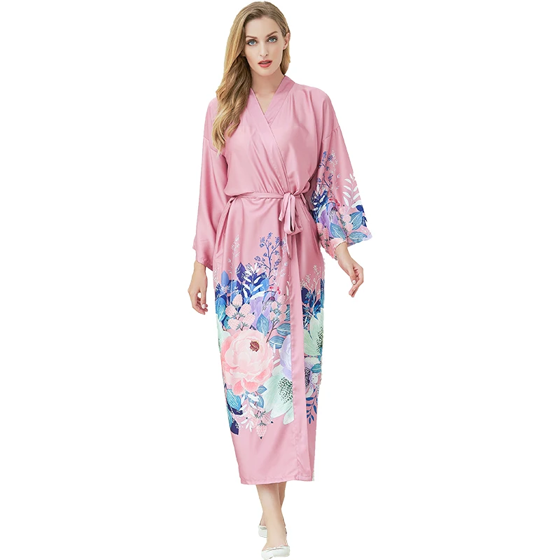 Robes Floral Style Satin Silk Robe Long Flower Printing Bride Robes Women Sleepwear Lady Bathrobe Home Wear