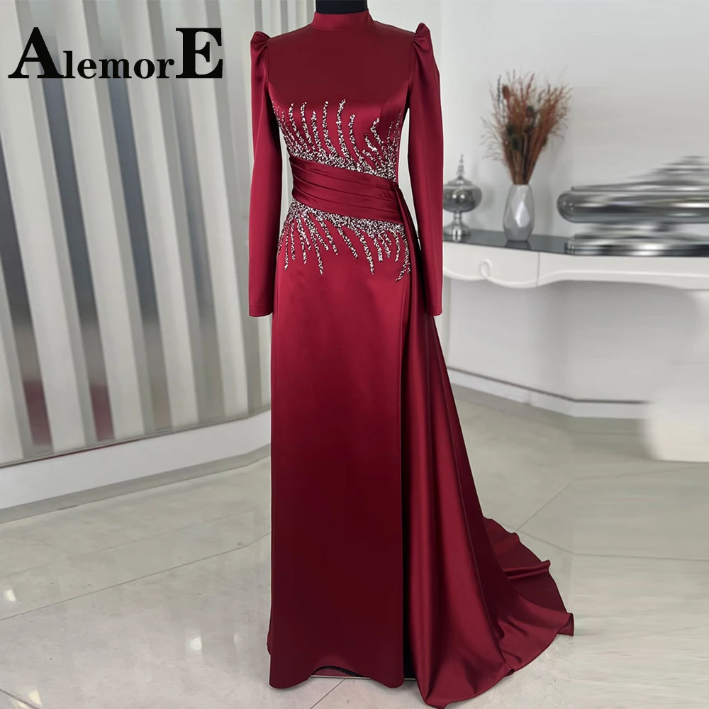 

Alemore Modern Muslim Evening Prom Dresses Court Train Satin Long Sleeves High Neck Pleat Appliques Custom Made Vestidos