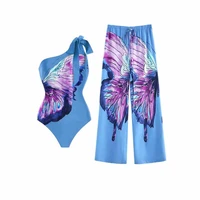 one shoulder butterfly print one piece swimsuit and cover up