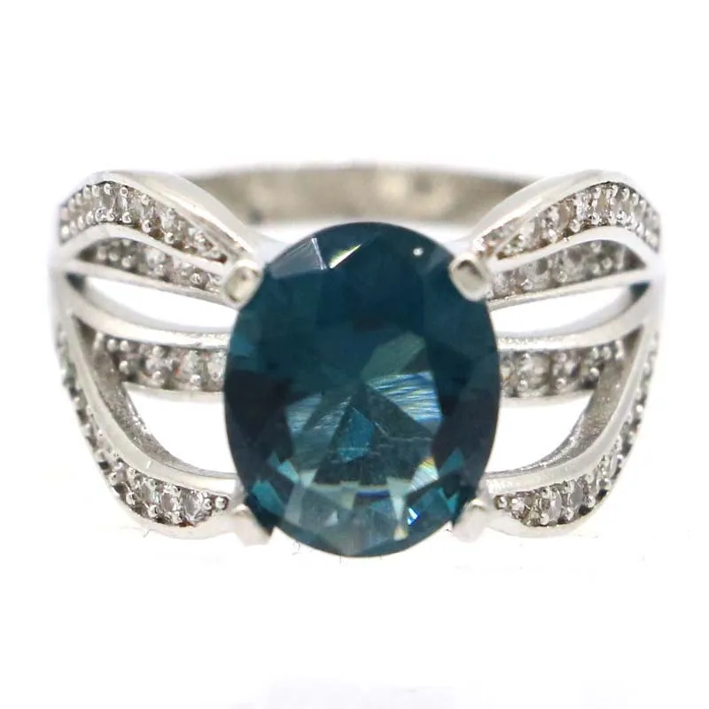 

20x12mm Stunning 3D London Blue Topaz White CZ Engagement Women Daily Wear Gift Silver Rings