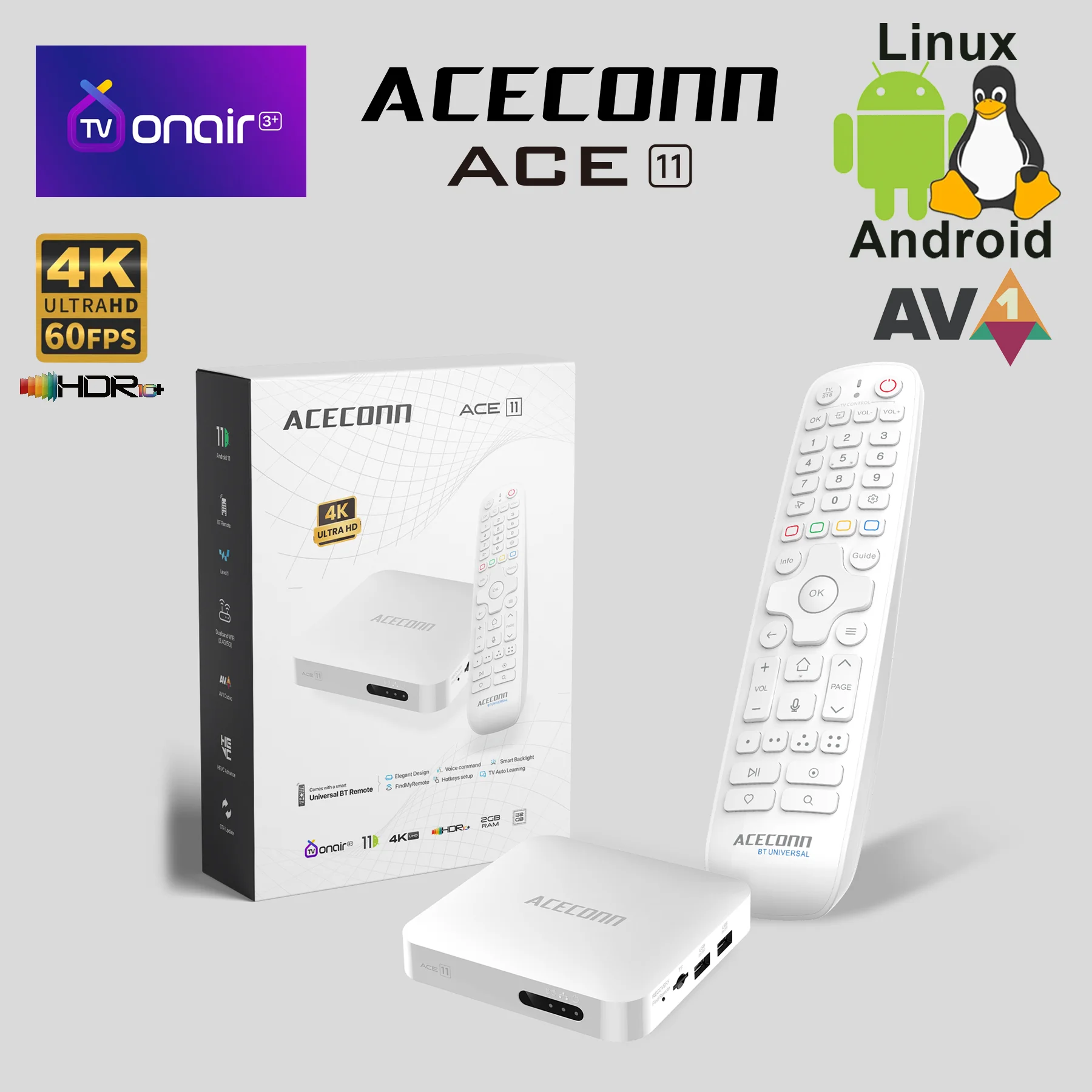 Фото ТВ-приставка ACECONN Streaming Android Linux IPTV 4K HDR10+ TVONAIR3+ с двойным Wi-Fi, функцией автоматического обучения, горячими клавишами, подсветкой и Bluetooth-пультом ACE11 №1