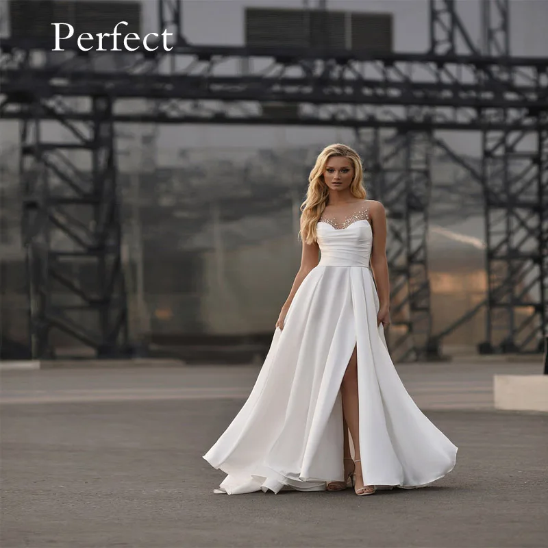 

PERFECT Elegant A Line Satin Wedding Dress Sleeveless Sexy High Split Style V Neck Sequined Button Back Pleated Robe De Mariee