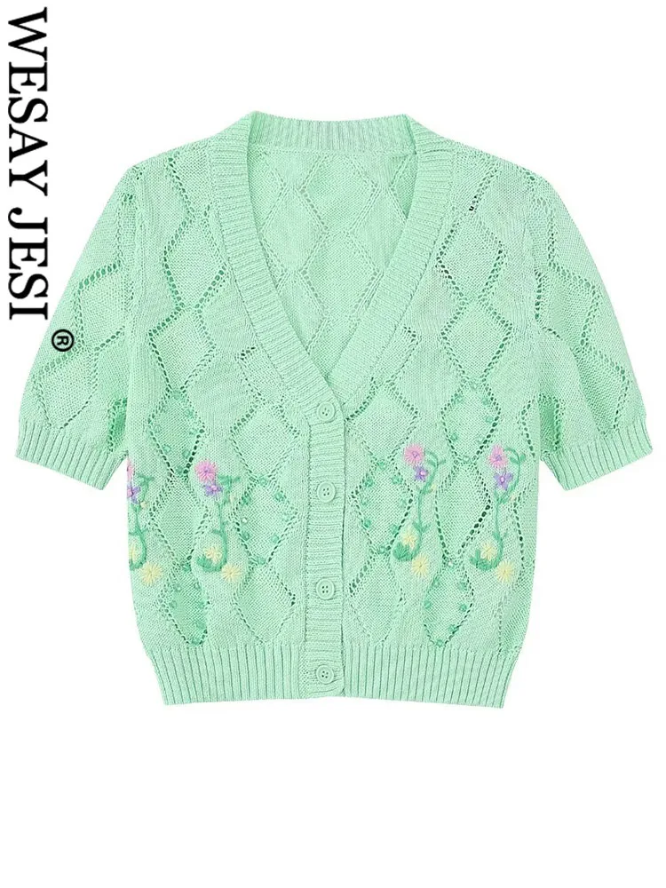 

WESAY JESI TRAF Fashion Ladies Light Green Floral Knitted Hollowed Out Sweater Cardigan+Sexy Crop Suspender Commuter Wind Woman