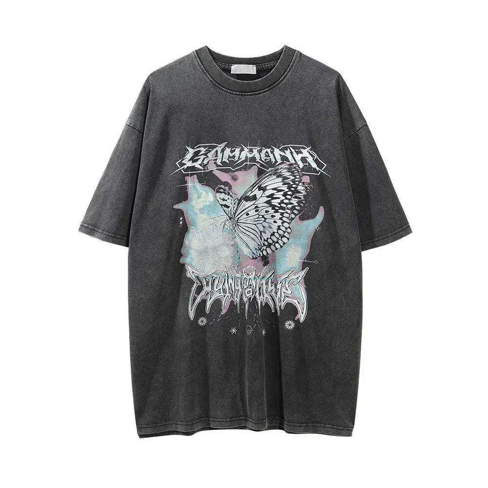 

Vintage Tshirt Men Streetwear Hip Hop Butterfly Graphics Print Distressed T-Shirt 2022 Harajuku Summer Cotton Washed Tops Gray