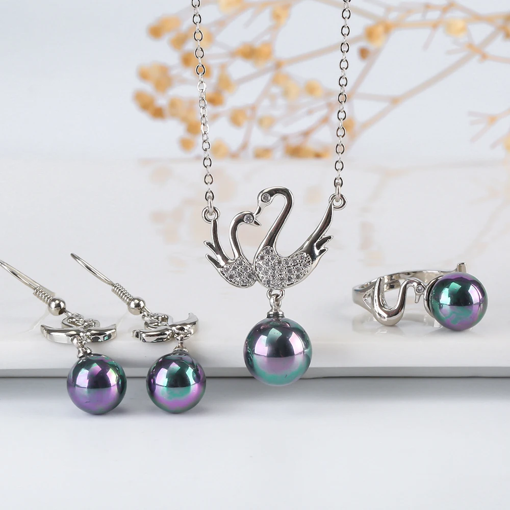 

Colorful Round Pearl Swan Shape Inlaid Necklace Ring Earrings Copper Alloy Jewelry Set