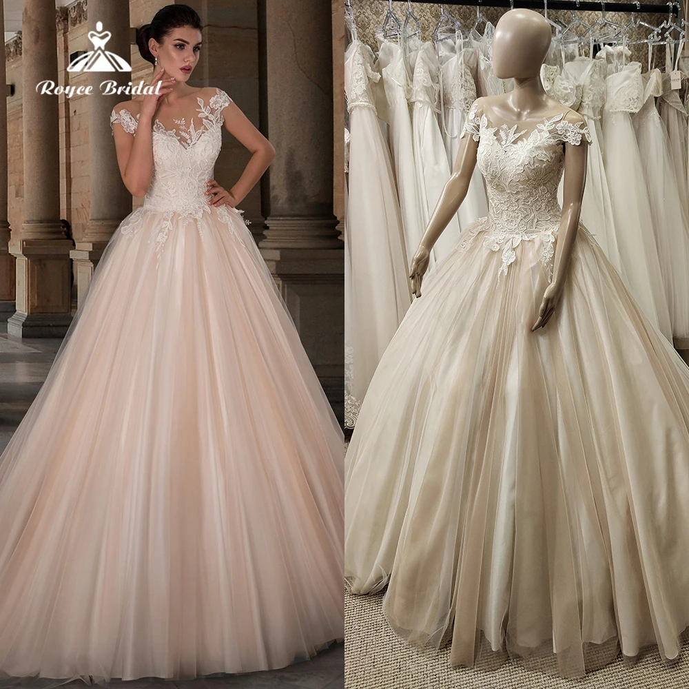 

Exquisite O Neck Short Cap Sleeve Lace Top Tulle Ball Gown Wedding Dress For Women Boho Bridal Gowns Vestidos De Novia Robe De