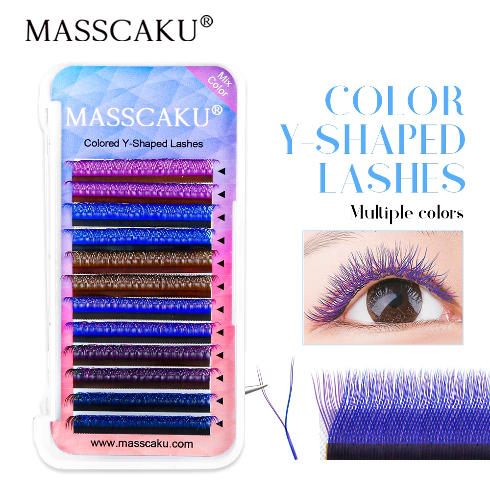 

MASSCAKU Rainbow Color YY Lashes Individual Premium Mink Volume Eyelashes Purple Blue Brown Y Shape Natural Eyelash Extension