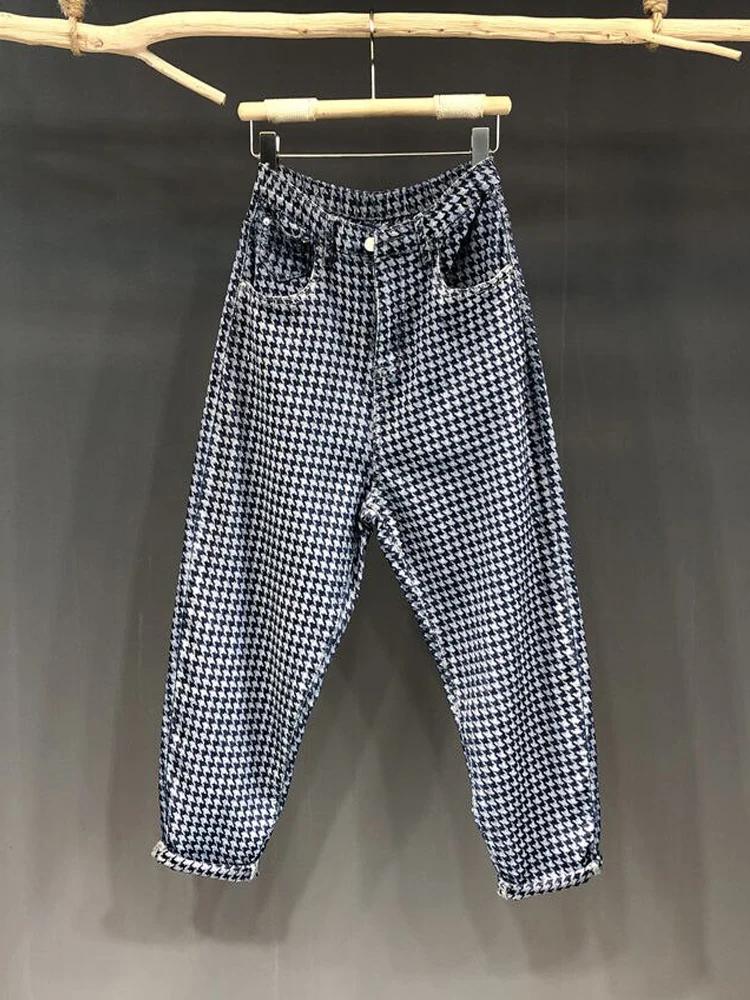 

Plaid Jeans Women's European 2022 Summer New High Waist Loose And Thin Streetwear Denim Harem Baggy Pants