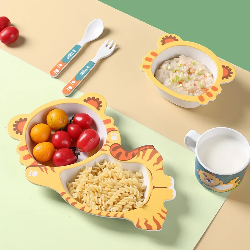 Bamboo Fiber Children Plate Set Baby Cartoon Tableware Feeding Bowl With Cup Spoon Fork