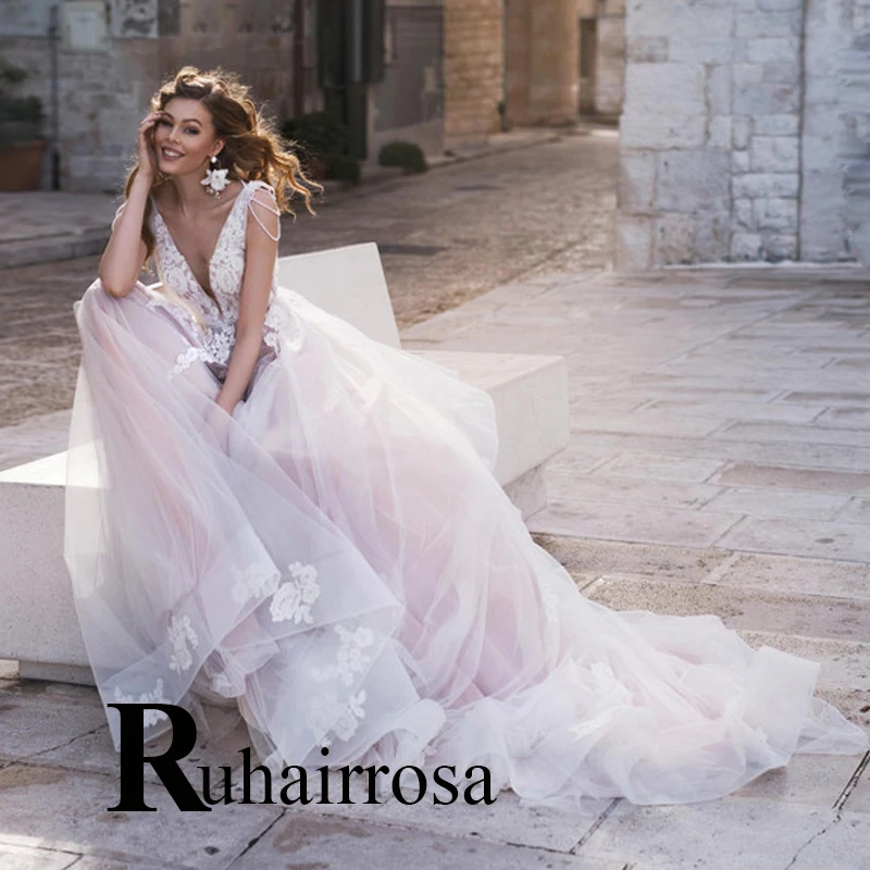 

Ruhair Pink Beaded Modern Wedding Dresses Layered Tulle Charming Backless Deep V-Neck Made To Order Vestidos De Novia Brautmode