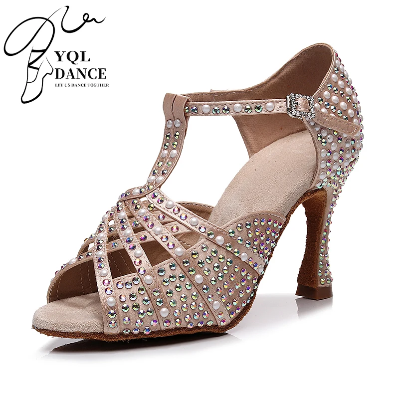Woman T- Strap Latin Dance Shoes for Girl Pearl Rhinestone Bachata Salsa Dancing Shoes Black White Latino Shoes Flare 3.5 Inch