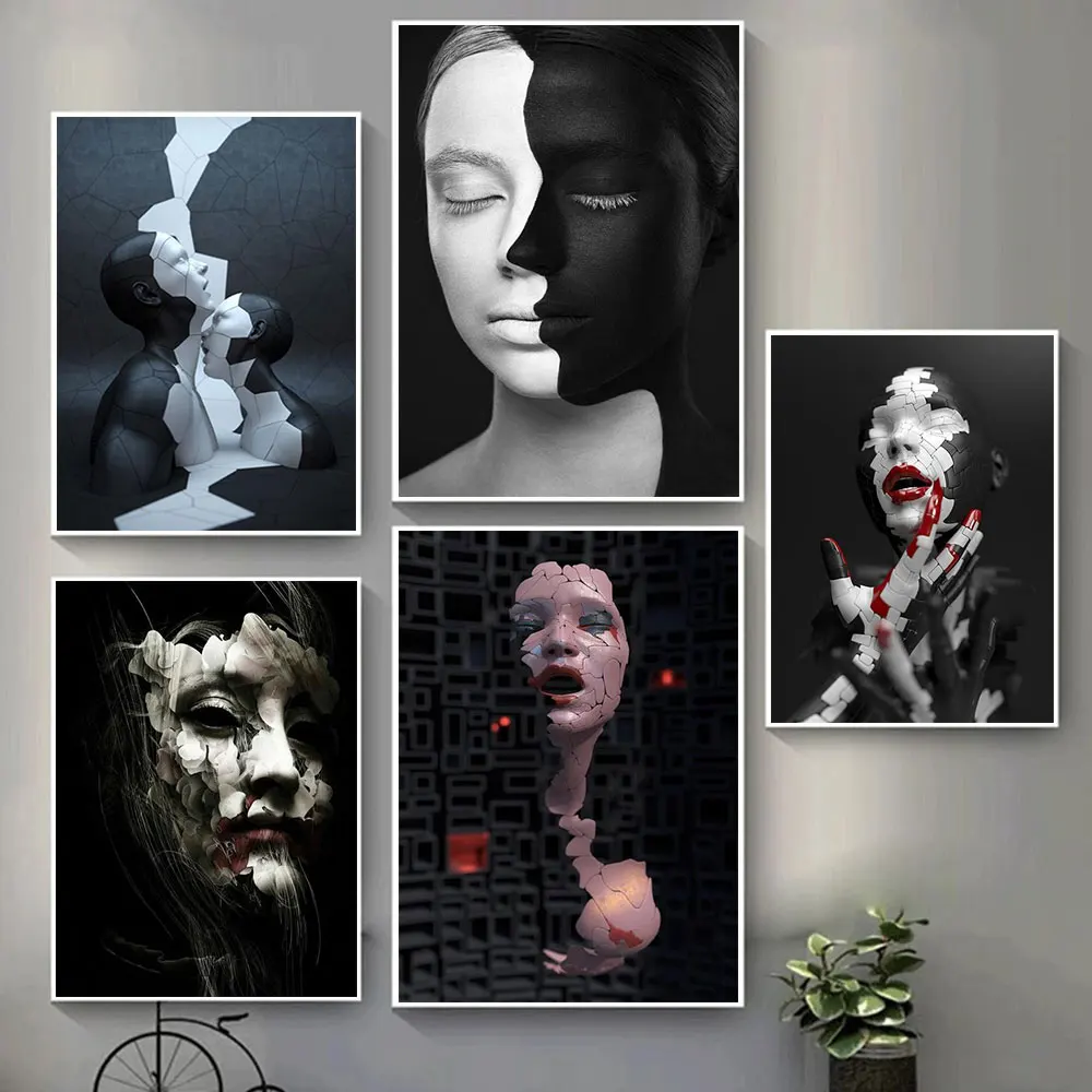 

Abstract Black And White Female Face Portrait Canvas Painting Wall Art Posters and Prints Picture for Room Home Decoration Mural