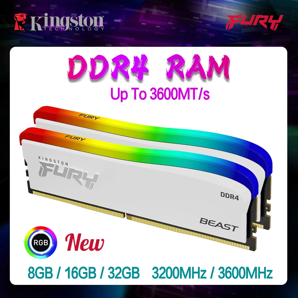 

Kingston DDR4 RGB Special Edition 3200MHz 3600MHz 8GB 16GB 32GB Desktop AMD Ryzen Intel CPU Материнская плата RAM White Fury Beast CL 18 Память RAM 288 PIN До 3600MT/s RGB Memoria DIY Материнская плата Белый ПК