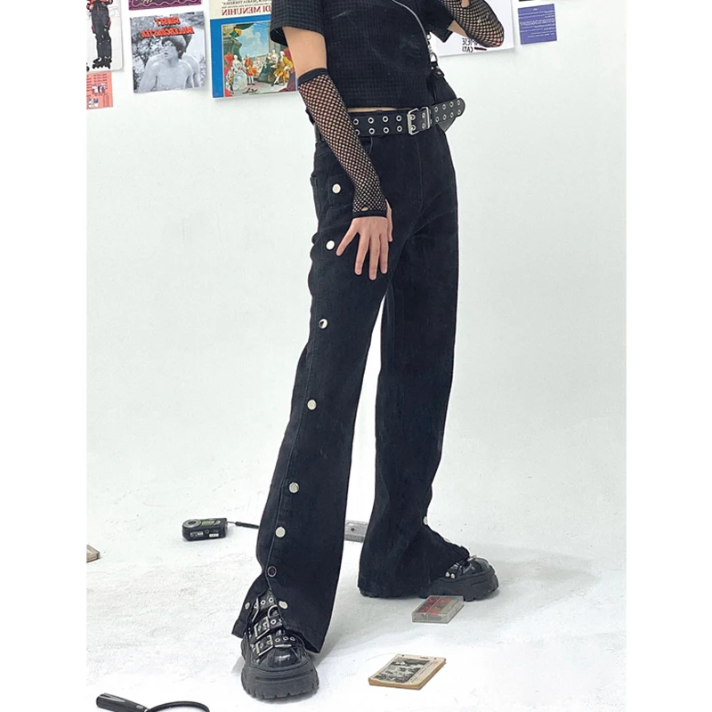 

Y2K Style Cotton Casual Pants For Women And Men Vintage Baggy Side Buttons Split Dancing Trousers Female Stretched Pants