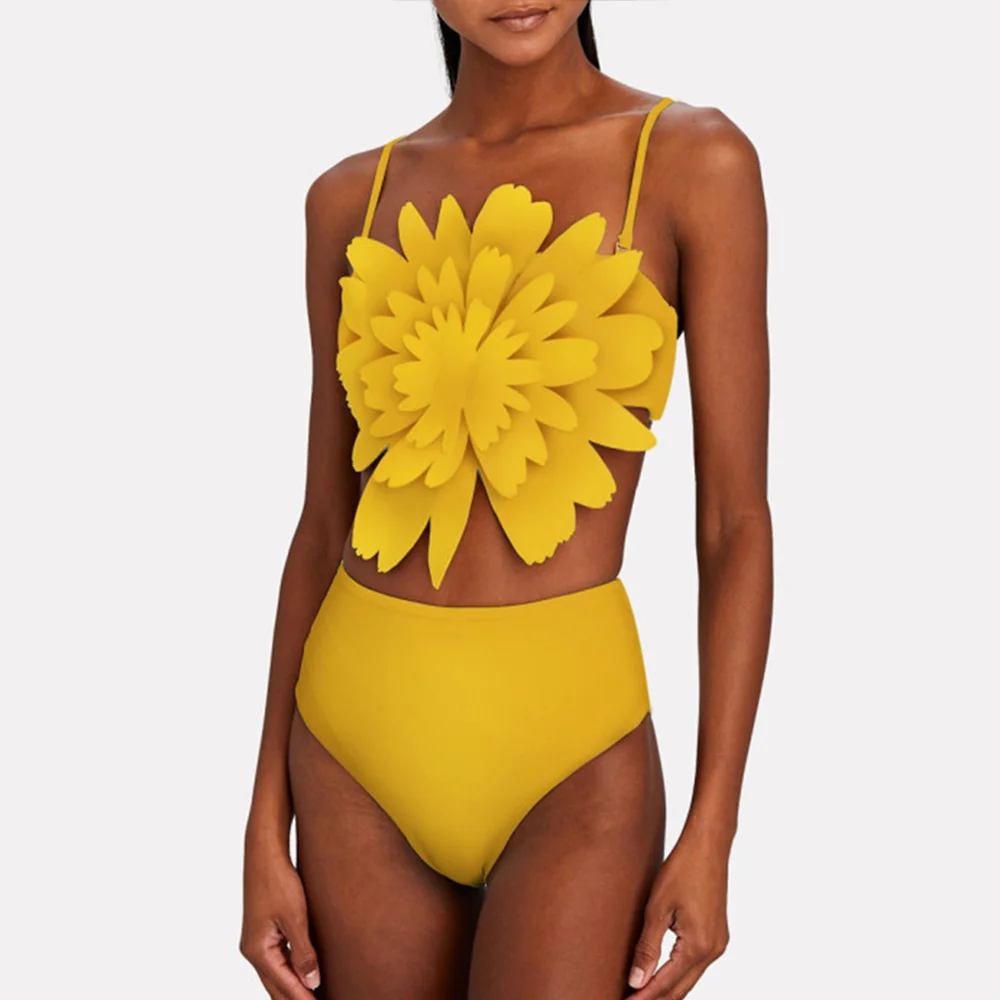

Summer Yellow Solid Color Floral Bikini Set Luxury Designer Bathing Suit Female Retro Swimsuit Bikinis Mujer Tanga High Waist