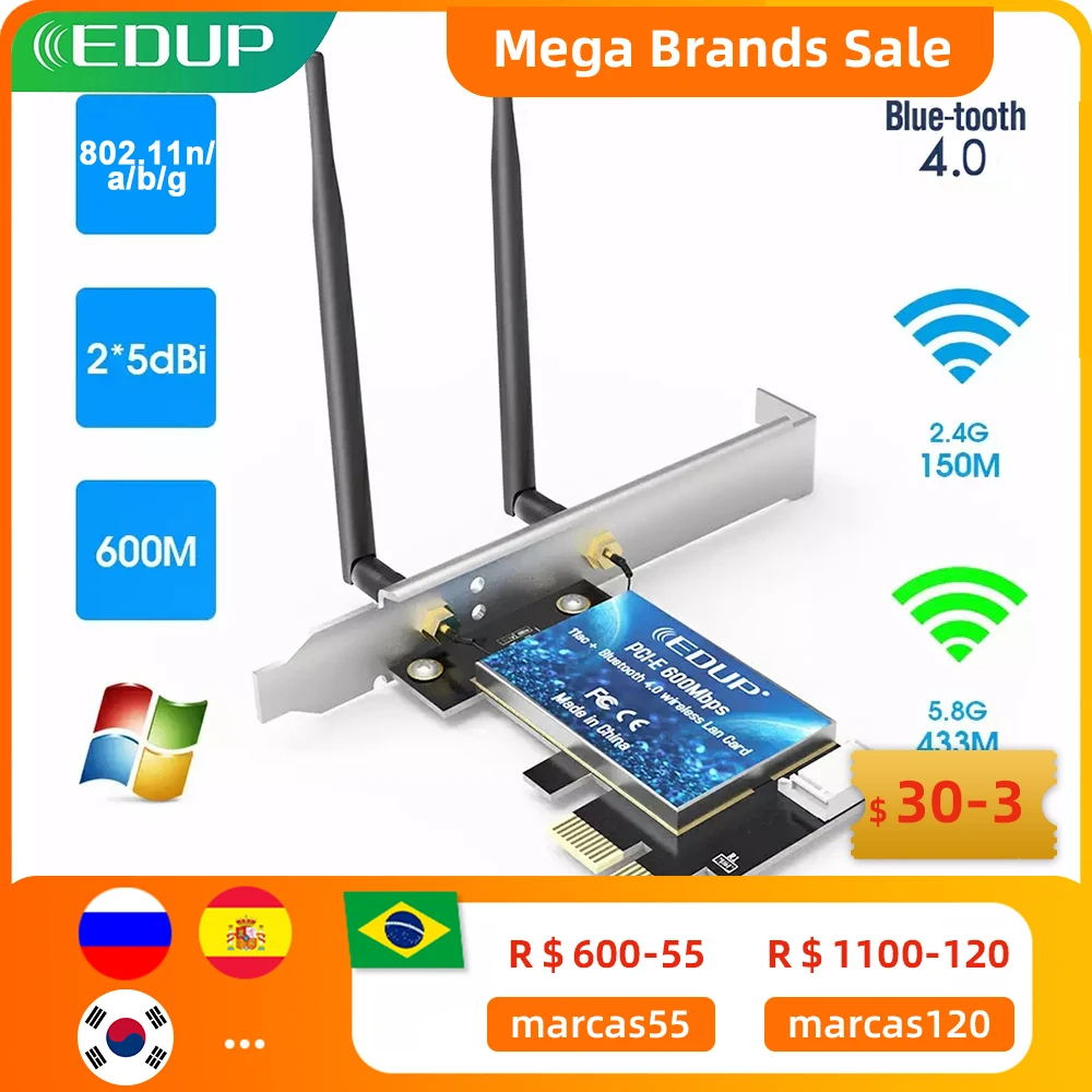 EDUP 600Mbps WIFI PCI Express Network Card 2.4G/5GHz Wireless Blue-tooth PCI-E LAN Card 802.11 ac/b/g/n Adapter For Computer