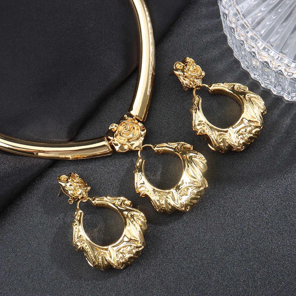 

Hoop Earrings Copper Pendant Dubai Gold Color Jewelry Sets for Women African Nigeria Large Style Jewelry Necklace for Party