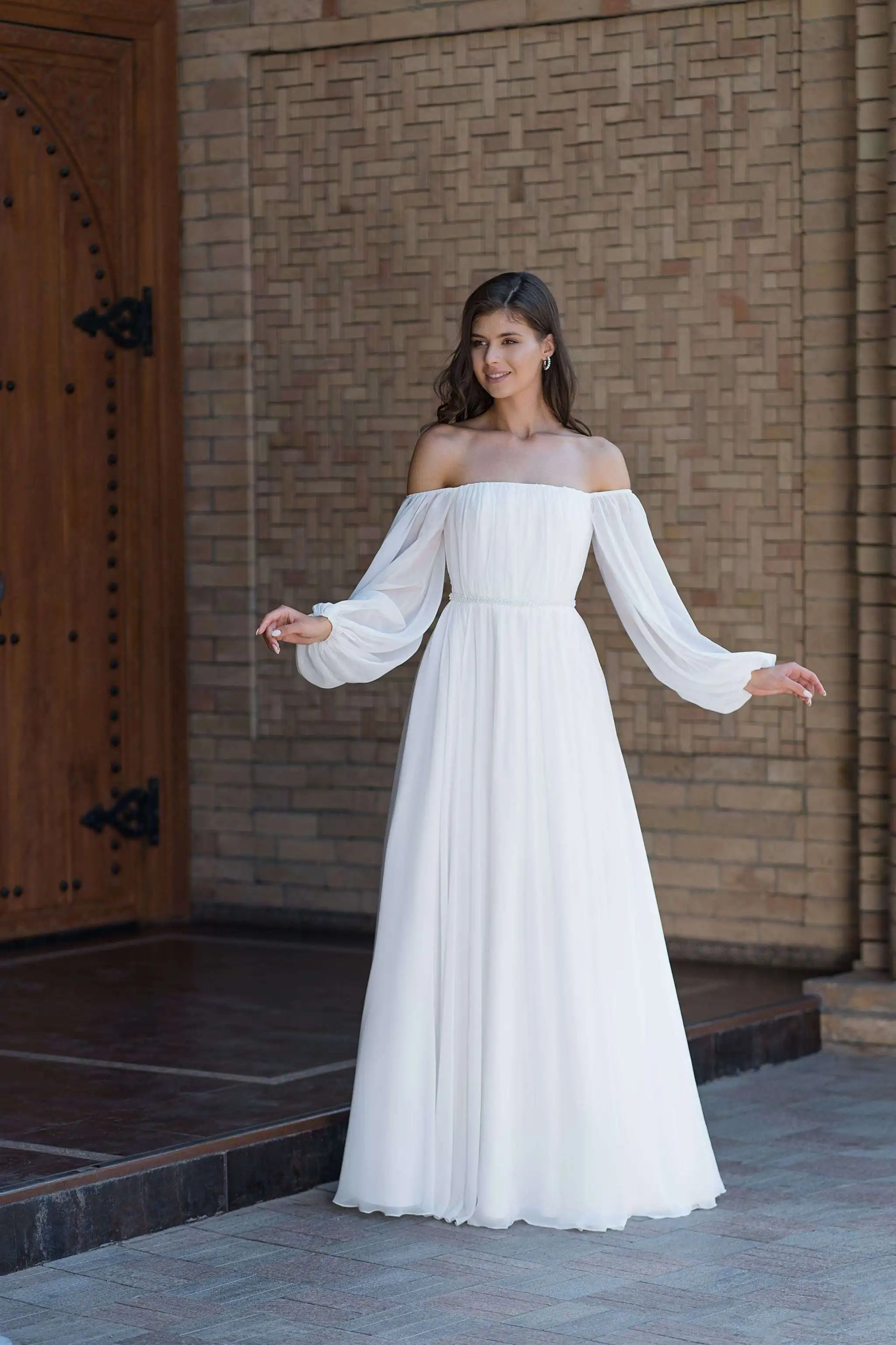 

A-Line Boat Neck HY575 Wedding Dress For Women Long Sleeves Charming Elegant Tulle Bridal Gowns Vestidos De Novia Floor Length