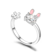 fashion exquisite cute rabbit and flower zircon ring for women girl lovely cartoon open ring wedding party jewelry gifts