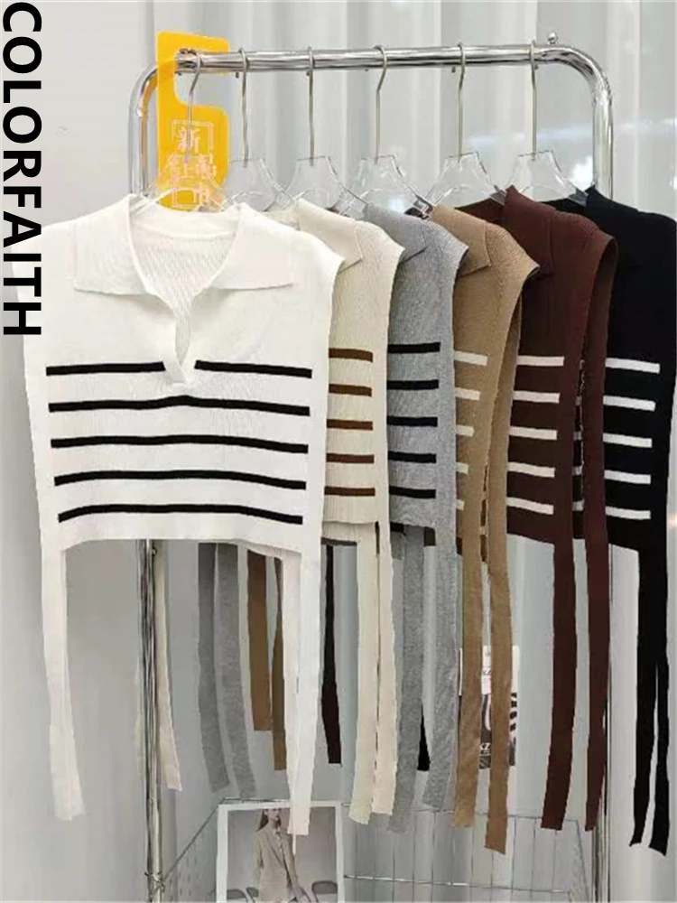 

Colorfaith New 2022 Korean Fashion Waistcoat Striped Knitted Oversized Women Autumn Winter Sweater Vests Short Tops SWV3825JX