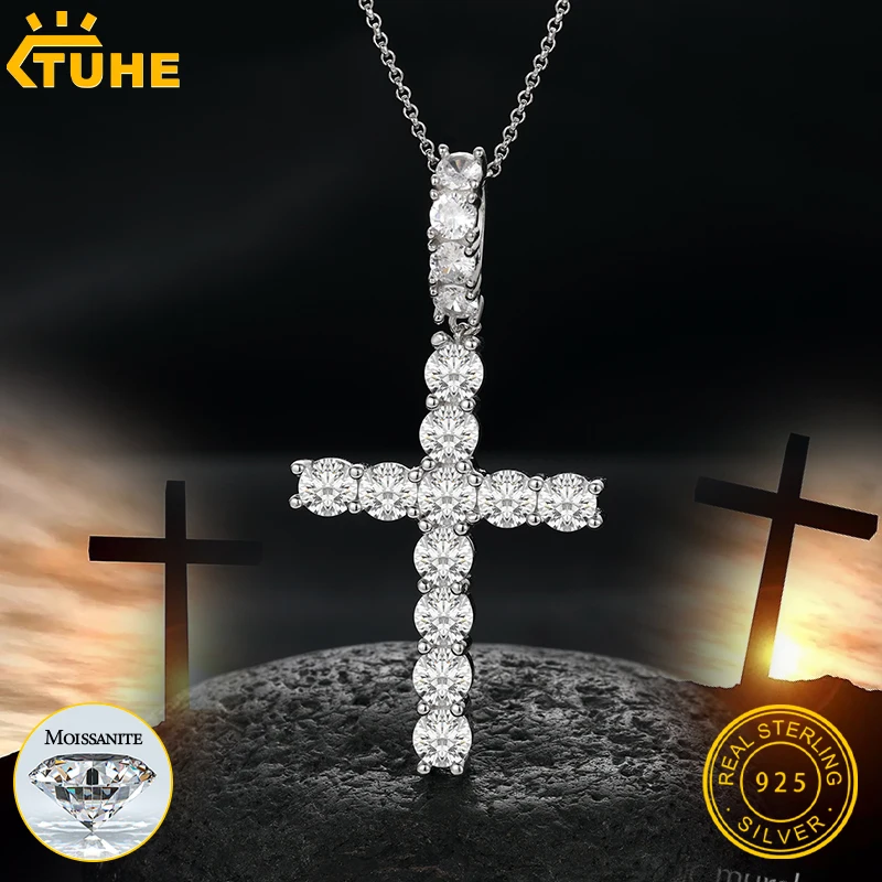 Religion Classic 3mm VVS1 D Color Moissanite Cross Pendant Necklace For Women Jewelry Sterling Silver S925 Gold Plated 18K White