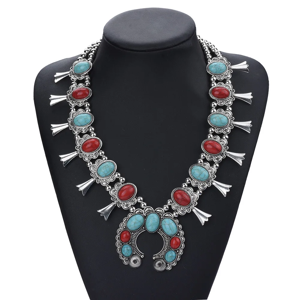 Large Statement Jewelry Silver Plated Ethnic Tribal Bold Chunky Resin Coral Turquoise Indian Squash Blossom Necklace for Women