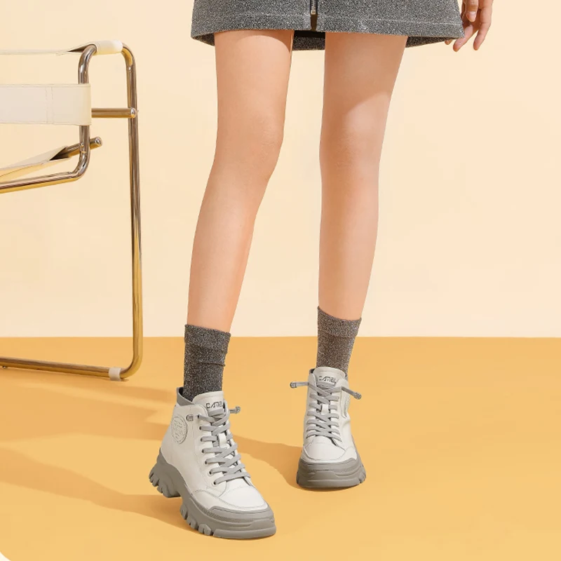 Goldencamel Women Genuine Leather Martin Boots Autumn Winter Lace Up Plush Outdoor Fashion Casual Hiking Shoes Platform