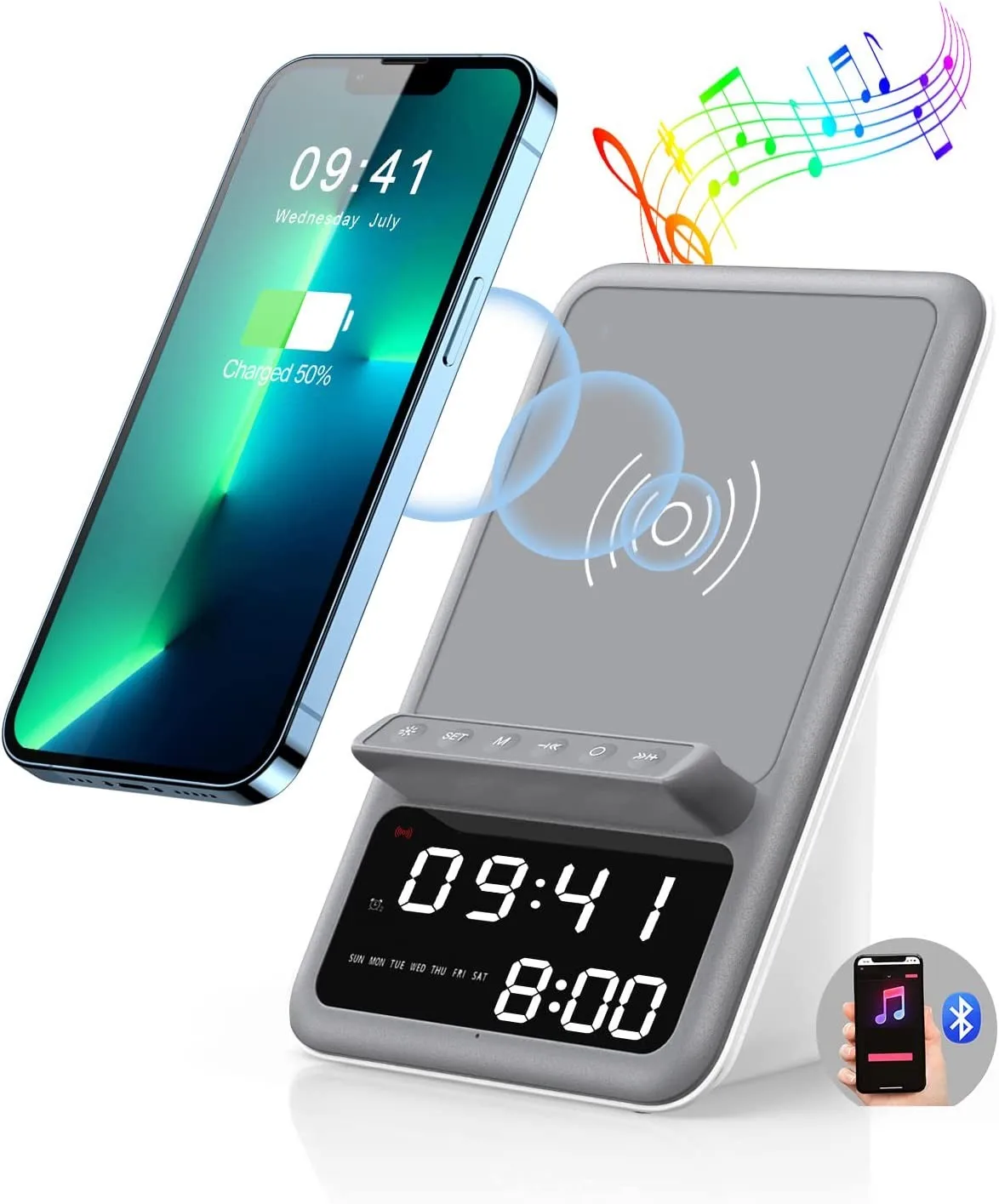 Airrniss Wireless Charging Bluetooth Speaker Led Alarm Clock With Wireless Charging Dock Stand Fm Radio USB Fast Charger