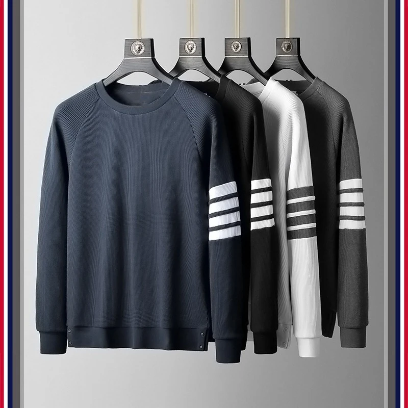 TB THOM Men's Sweatshirt Autunm Winter Fashion Brand Pullover Waffle Cotton Raglan Sleeve Striped 4-Bar Loose Women Coats