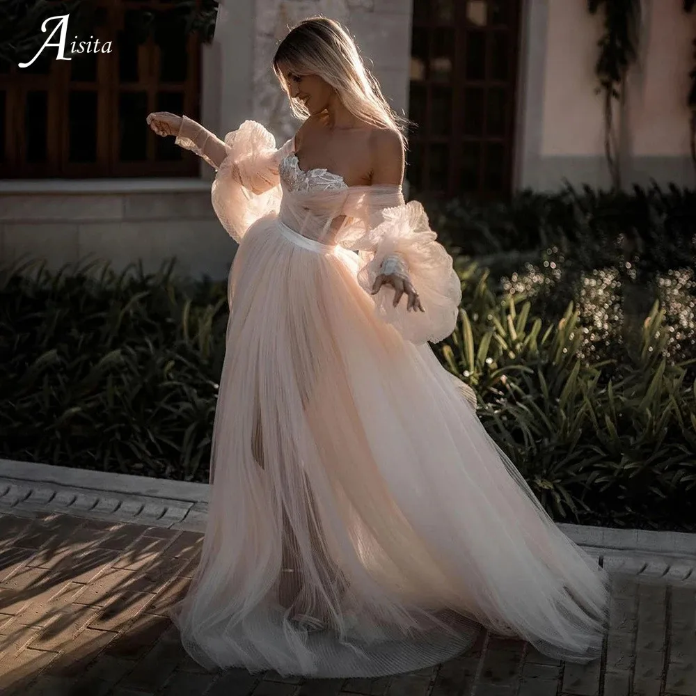 

Sexy Sweetheart Wedding Dress 2022 For Women Long Puff Sleeves Tulle Beach Bridal Gowns A-Line Newfangled Vestidos De Novia