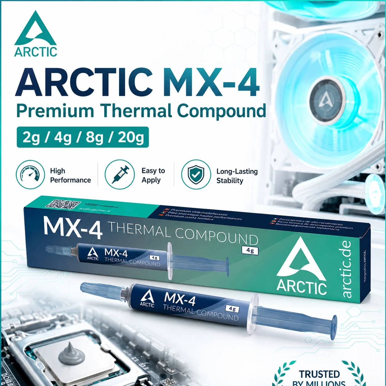 Фото Термопаста ARCTIC MX-4 8.5W/mK 2г 4г 8г 20г для охлаждения CPU/GPU чипов, теплопроводящая силиконовая смазка №1