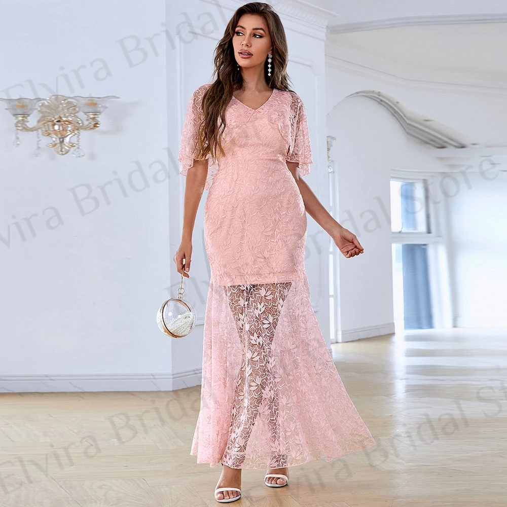 

Illusion Ankle Length Graduation Dresses Ladies Straight Short Sleeve Zipper Back V-Neck with Applique Lace Fashion Party Gowns