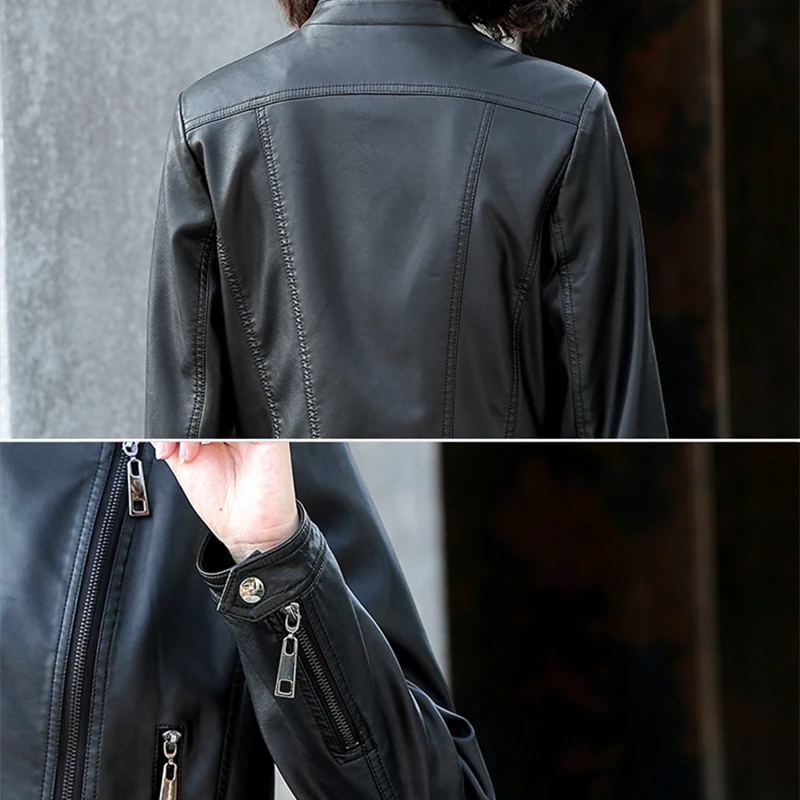 2022 Women Autumn Black Faux Leather Jackets Zipper Basic Coat Turn-down Collar Rivet Motorcycle Biker Jacket