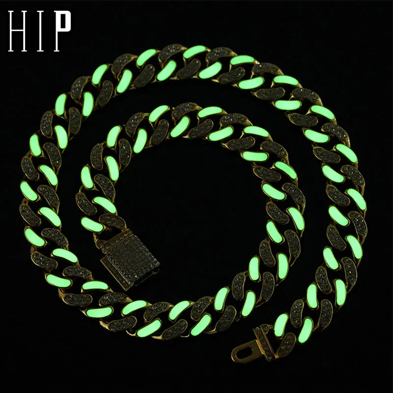 Hip Hop 13MM luminous Cuban Link Chain Dripping Glow in the Dark Bling Crystal Iced Out Bracelet Necklace For Men Women Jewelry