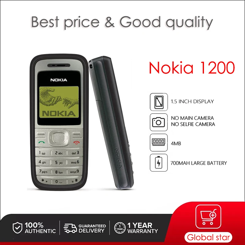 

Nokia 1200 Original 1.5 inches 700mAh Mobile Phone 4MB Cellphone Free Shipping High Quality