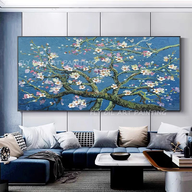 100% ручная работа Цветочное дерево красивое растение роспись синий холст толстые