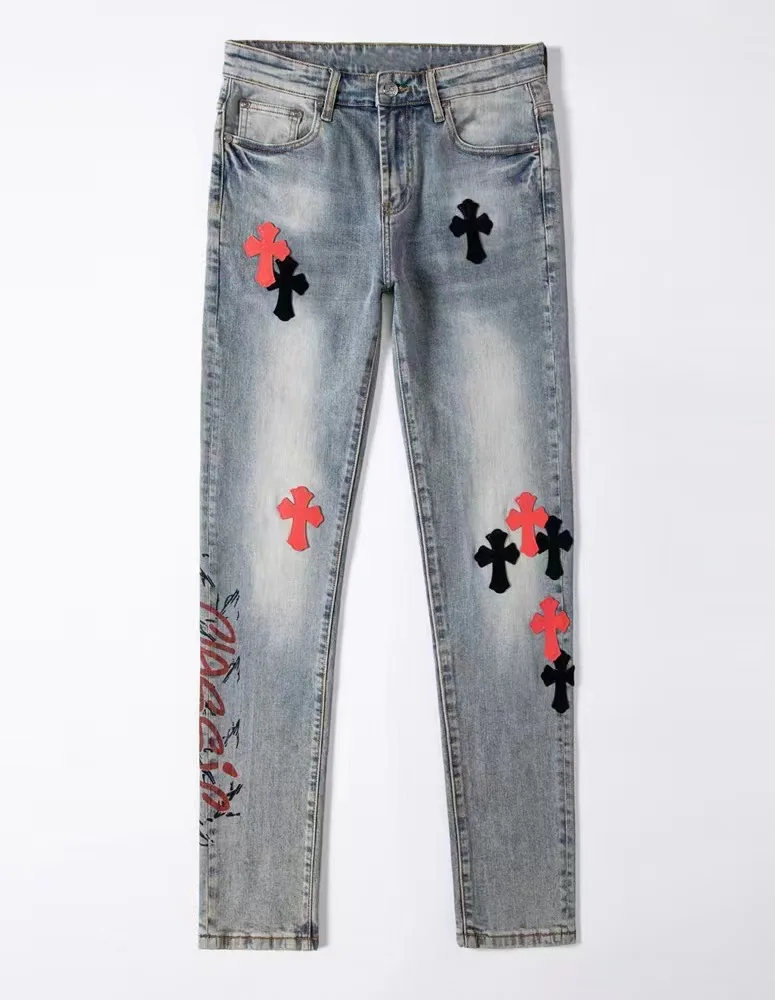 Vintage Retro Washed Old Patch Embroidered Small Feet Large Size Men'S Slim Fit Jeans High Street Y2K Pencil Jeans For Men