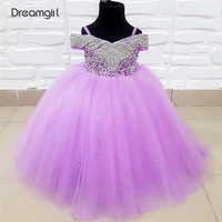 pearls beading baby birthday party dresses off shoulder puffy ball gown flower girl dresses for elegant party pricess girl dress