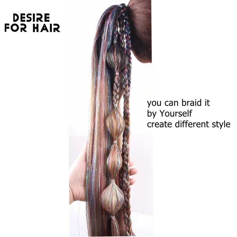 Фото Прямые волосы Desire for Hair 26 дюймов, хвост Yaki с лентой для волос, Микс мишуры, блестящие синтетические волосы для плетения №3