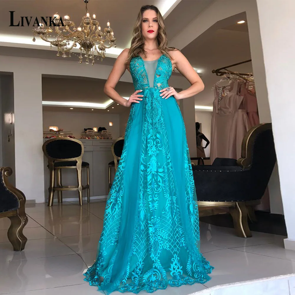 

LIVANKA Modern Evening Prom Dresses A-Line Scoop Illusion Sleeveless Spaghetti Strap Court Lace Personalised Robe de soirée
