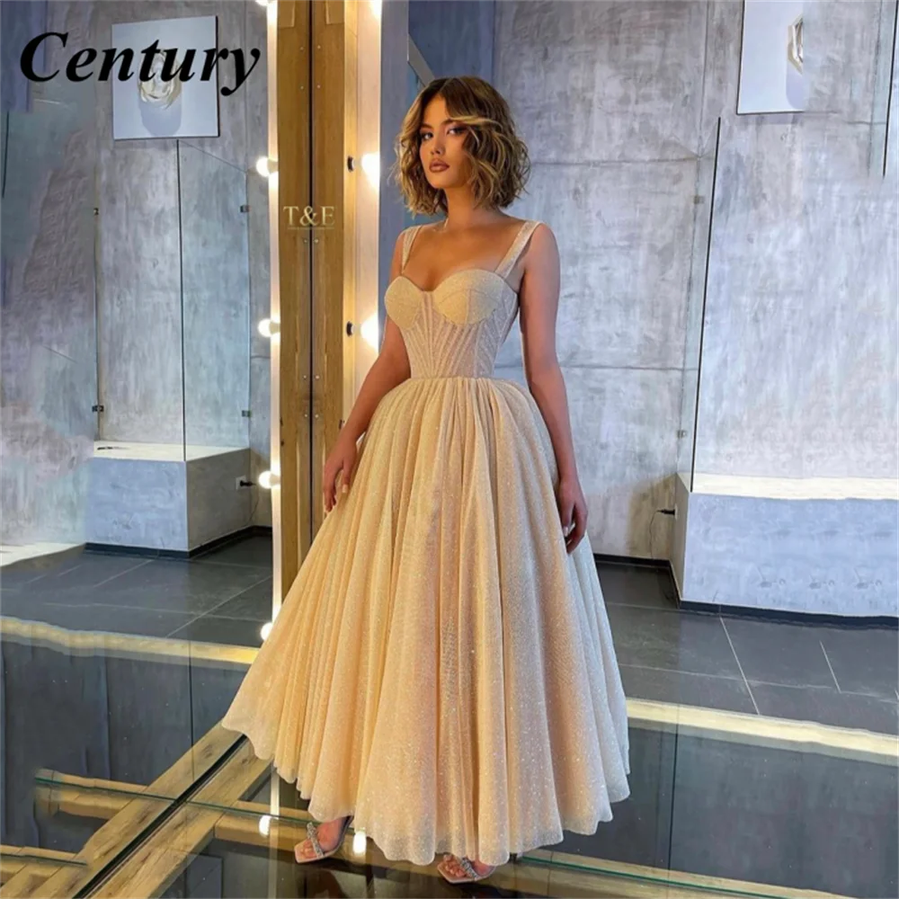 

Century Champagne Glitter Tulle Midi Prom Dress Spaghetti Straps Sweetheart Exposed Boning Tea-Length Formal Wedding Party Dress