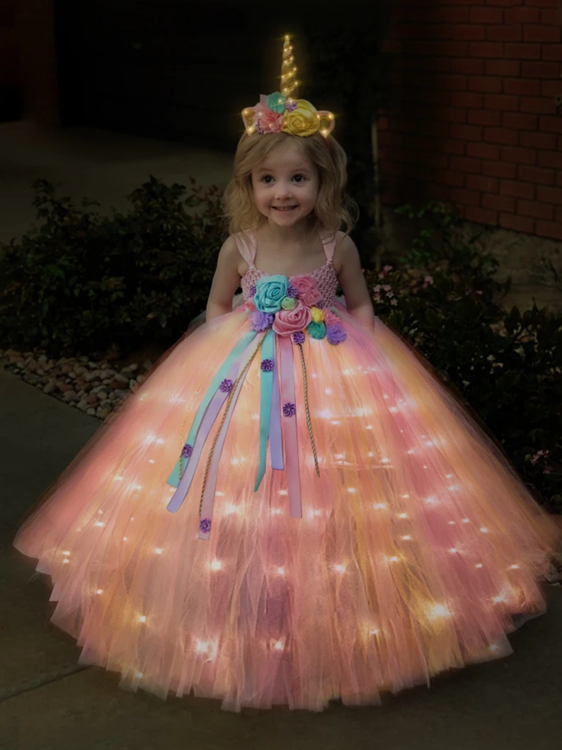 Uporpor LED Unicorn Girls Children Dress Kids Birthday Party Princess Lolita Costume for Halloween Christmas Children Ball Gown