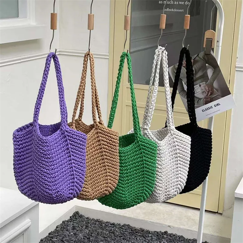 

Bag Women New Sweater Thread Niche Design Hollow Knitted Yarn Drawstring Canvas Cylinder Small Vintage Messenger Shoulder Bags