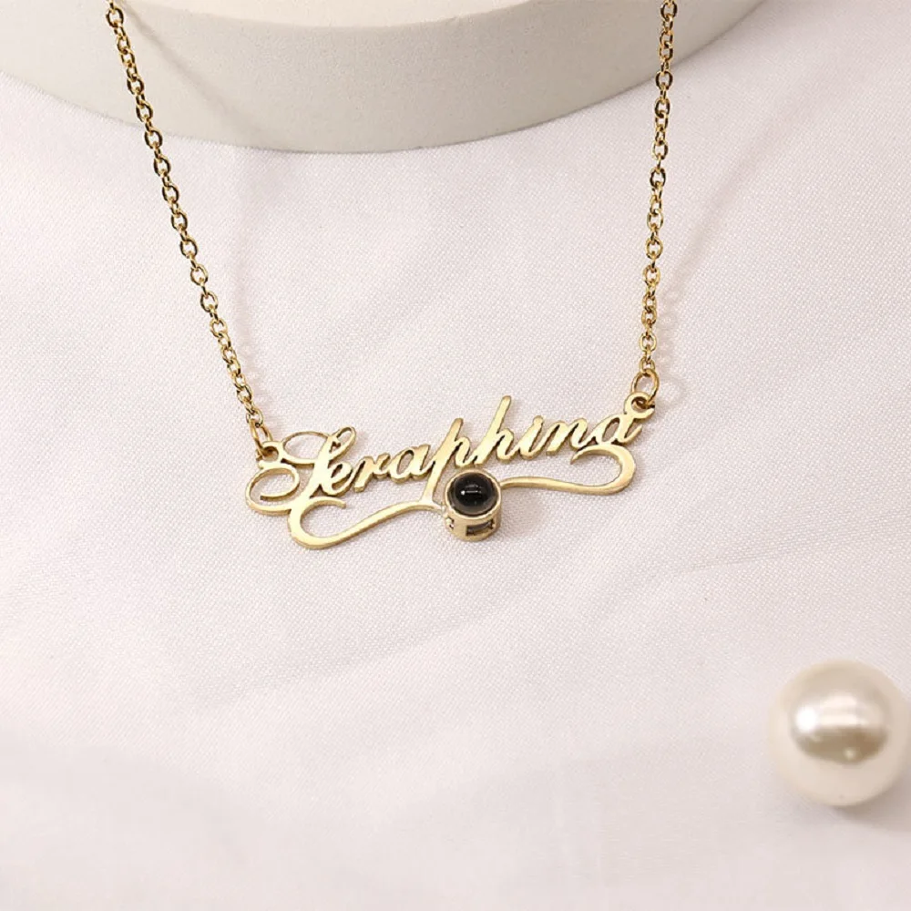 Custom Photo With Name Projection Necklace Personalized Stainless Steel Letter Pendant Personality Creative Unique Gift ForFemme