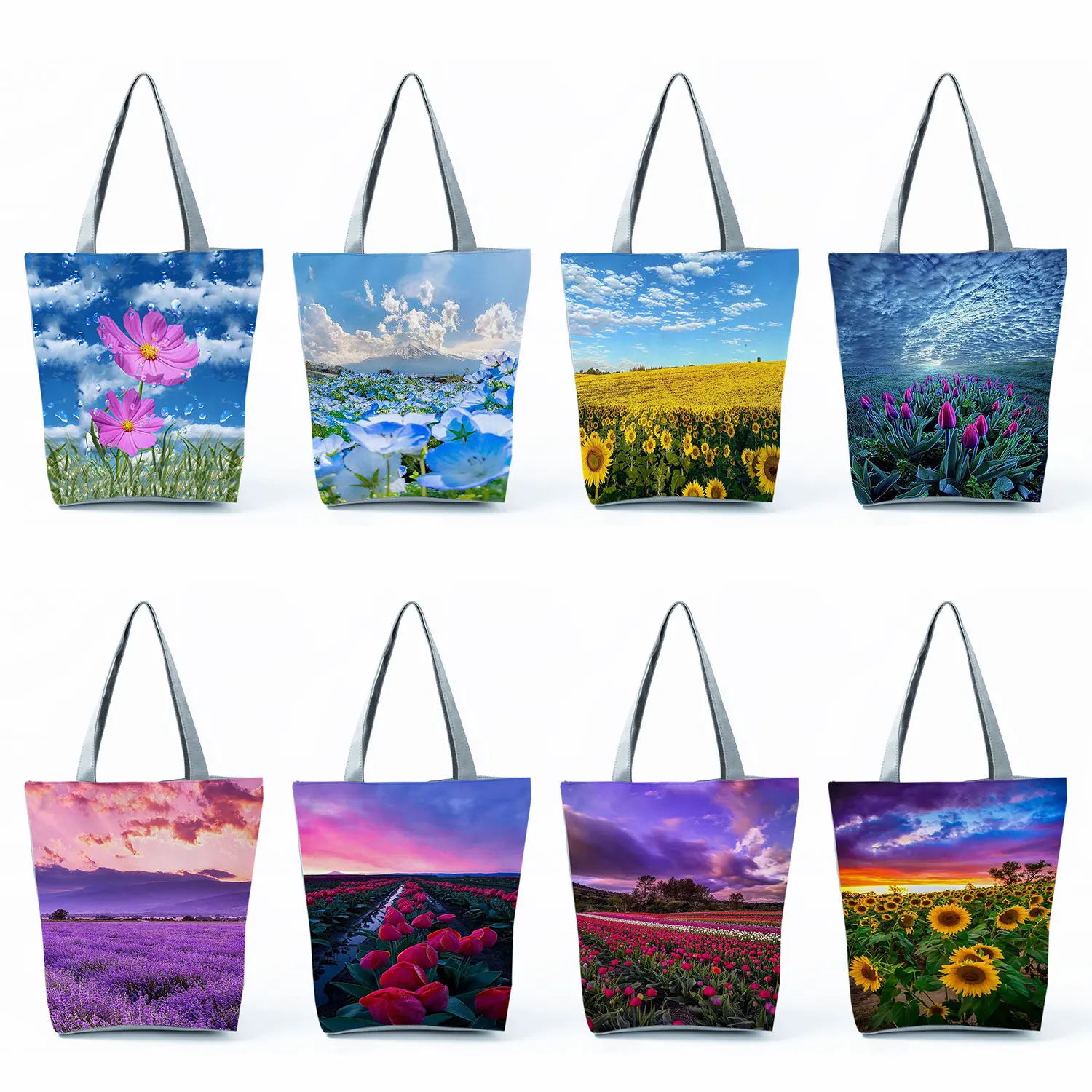 

Tote Handbags Beautiful Landscape Pattern Casual Travel High Capacity Bright Colors Floral Print Portable Reusable Shopping Bags
