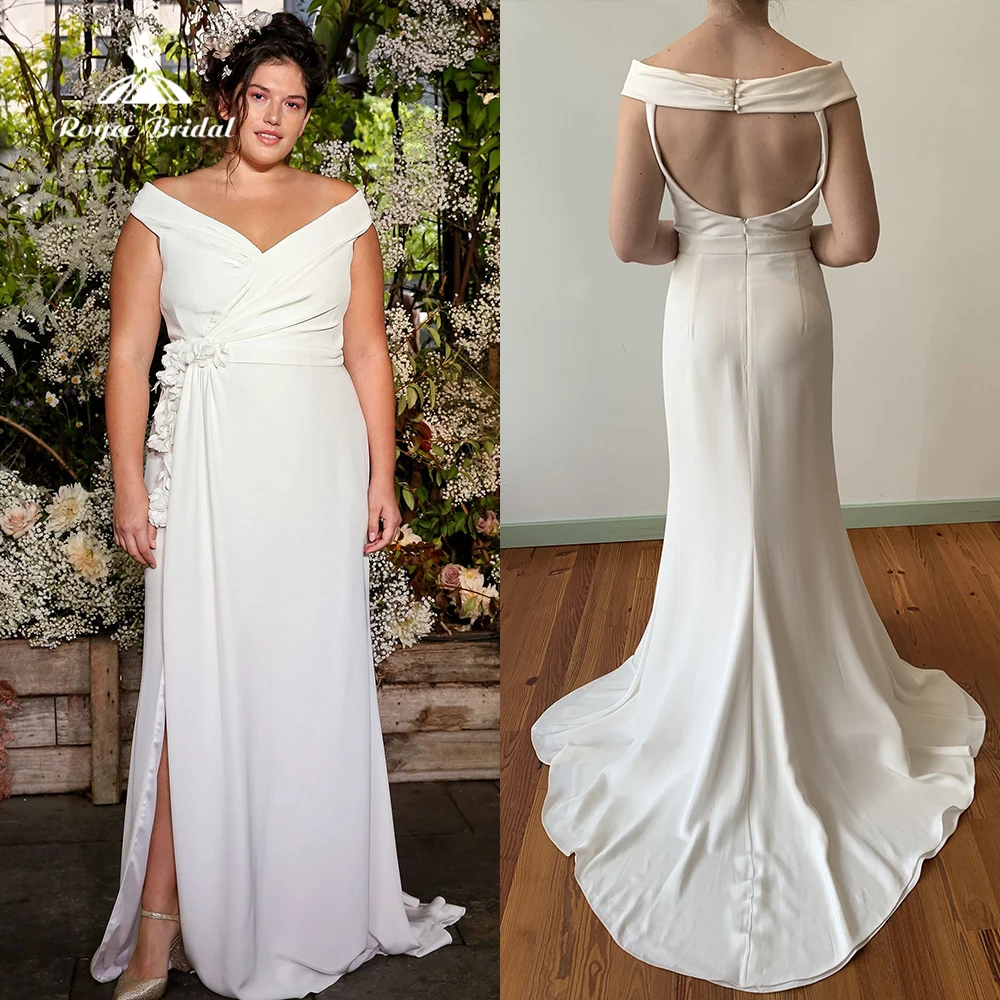 

Simple Plus Size Sexy Split V Neck Off the Shoulder Backless Satin Mermaid Wedding Dress For Women Boho Bride Gown Sweep Vestido