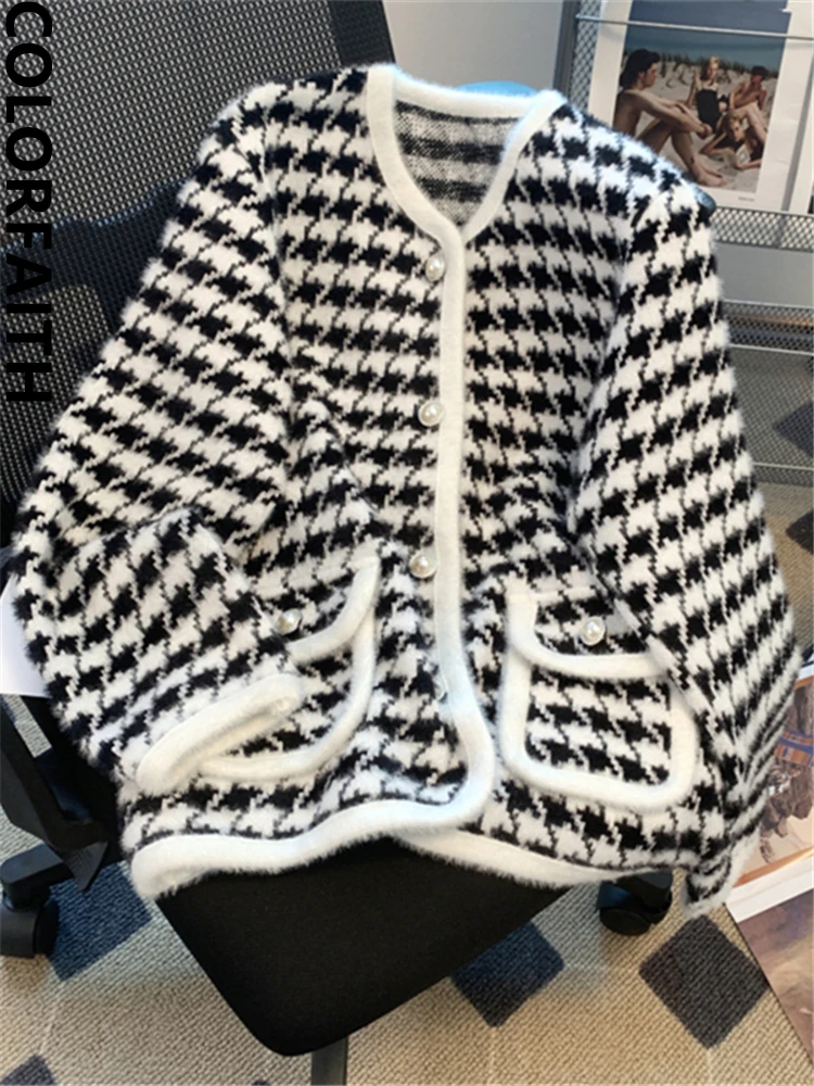 

Colorfaith SWC6516 Новинка 2022 клетчатые Шикарные Модные поддельные норковые кашемировые Женские винтажные осенне-зимние вязаные кардиганы элегант...