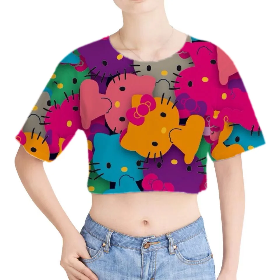 

Summer Fashion Women's Kawaii Hello Kitty Graphic Women's T-Shirts Slim Tops Skinny Short Sleeves T-Shirts Women's Cropped Tops