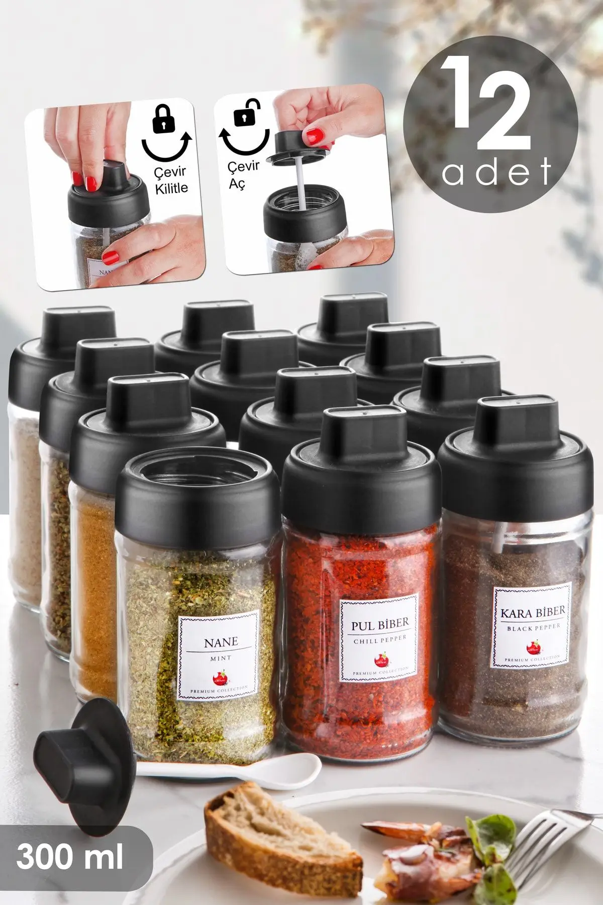 

Kitchen Life 12 Pieces Glass Spice Set with Lockable Lid and Self Spoon - Locked Glass Spice Set 300 ml MCH08709