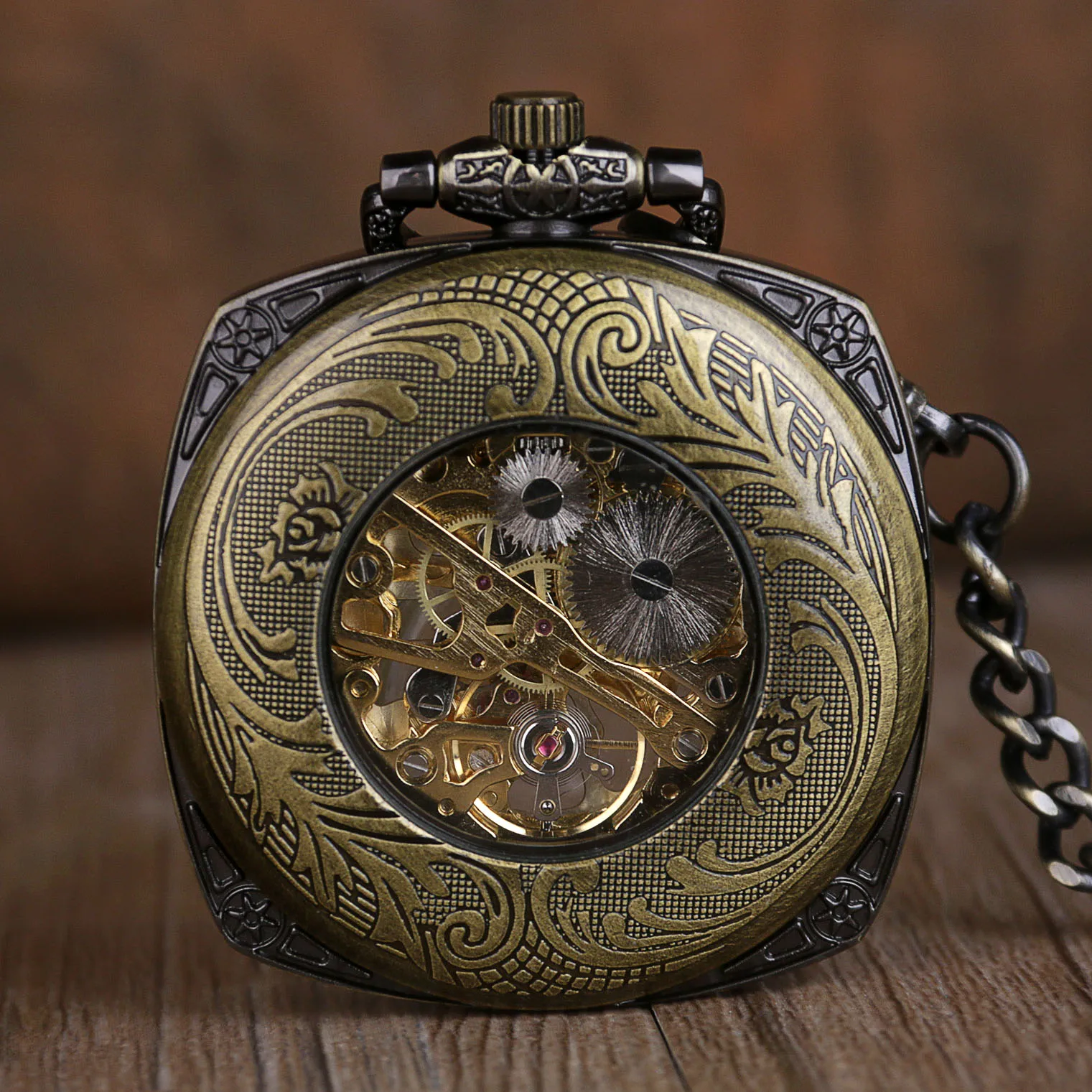 New Arrival Creative Design Minimalist Roman Numerals Bronze Mechanical Pocket Watches For Men Women Necklace Pendant with Chain